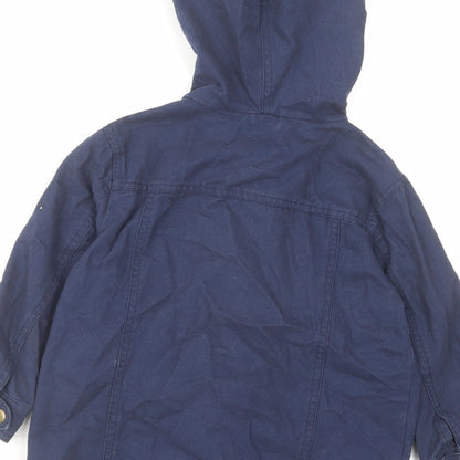 Brand and care label for Mini Club boys’ blue basic coat coat, size 3-4, years zip