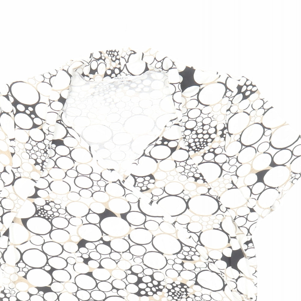 M&Co Womens White Geometric Cotton Basic Blouse Size 12 V-Neck