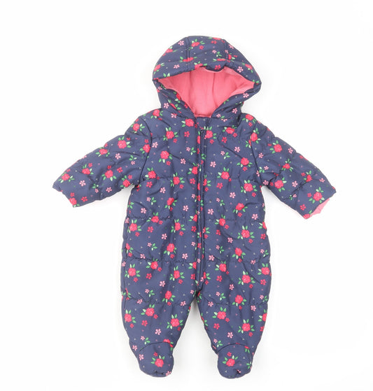 Mothercare Girls Blue Floral Quilted Snowsuit Size 0-3 Months Zip