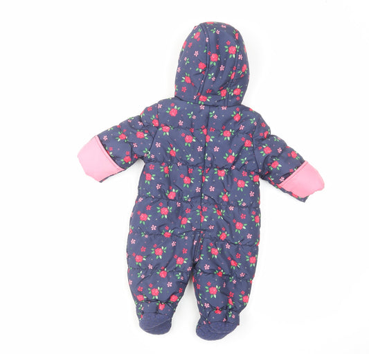 Mothercare Girls Blue Floral Quilted Snowsuit Size 0-3 Months Zip