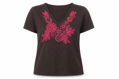 Country Casuals Womens Brown Cotton Basic T-Shirt Size L V-Neck - Floral Detail