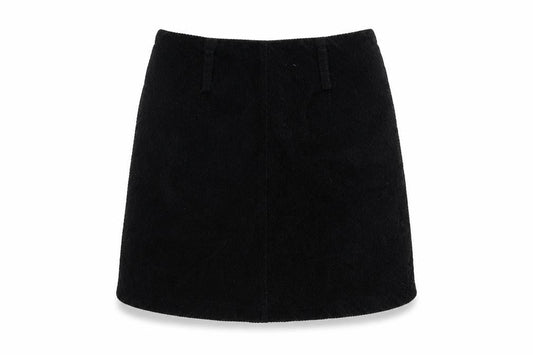 Front view of Denim & Co. women’s black cotton mini skirt, size UK 10, zip