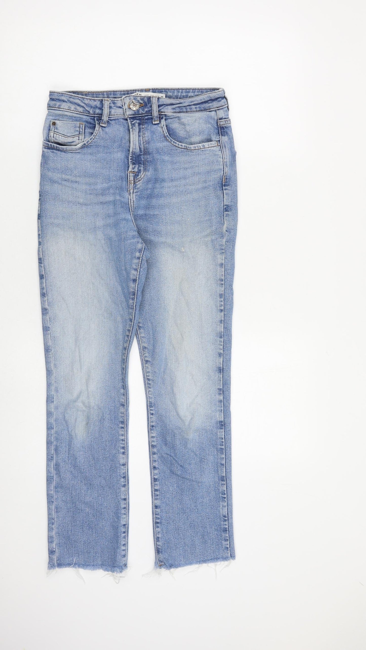 Zara Womens Blue Cotton Straight Jeans Size 8 L27 in Regular Zip - Raw Hem