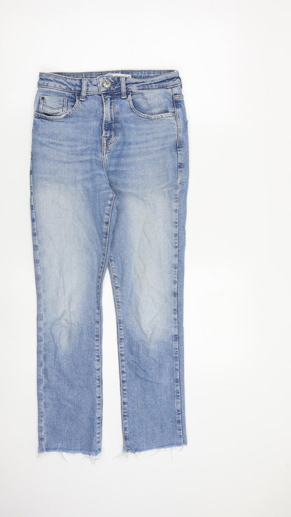 Zara Womens Blue Cotton Straight Jeans Size 8 L27 in Regular Zip - Raw Hem