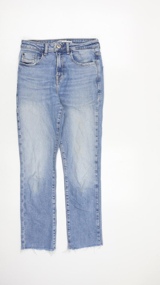 Zara Womens Blue Cotton Straight Jeans Size 8 L27 in Regular Zip - Raw Hem