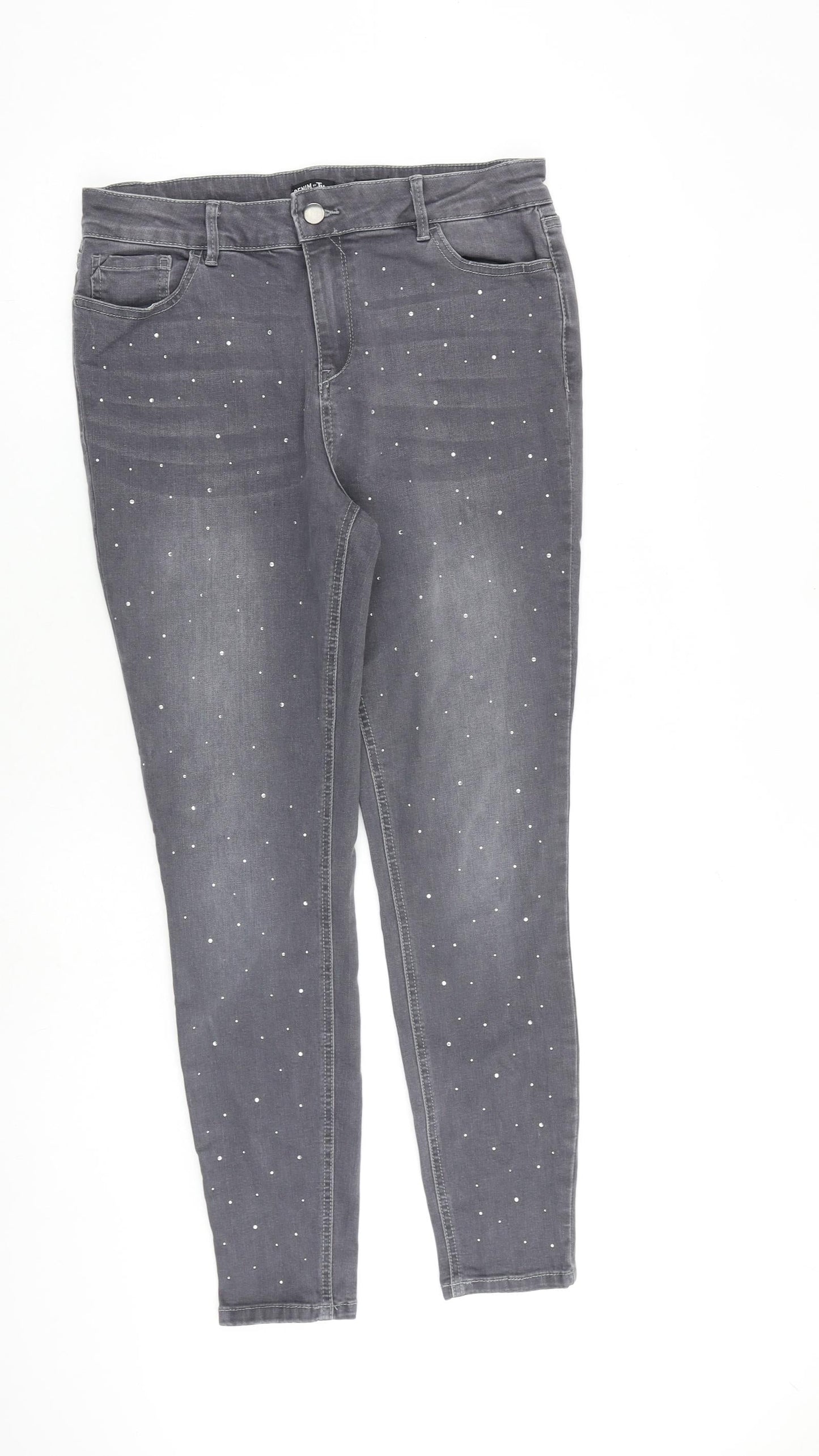 TU Womens Grey Cotton Skinny Jeans Size 14 L28 in Slim Zip - Embellished