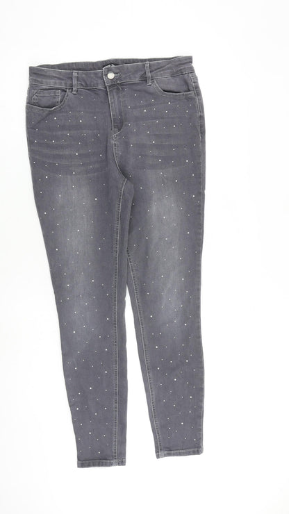 TU Womens Grey Cotton Skinny Jeans Size 14 L28 in Slim Zip - Embellished