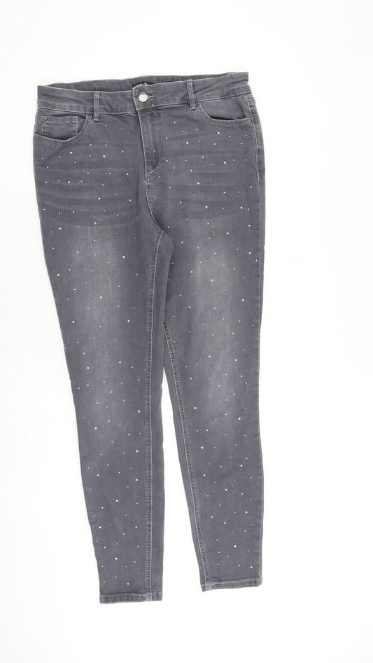 TU Womens Grey Cotton Skinny Jeans Size 14 L28 in Slim Zip - Embellished