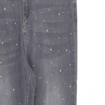 TU Womens Grey Cotton Skinny Jeans Size 14 L28 in Slim Zip - Embellished
