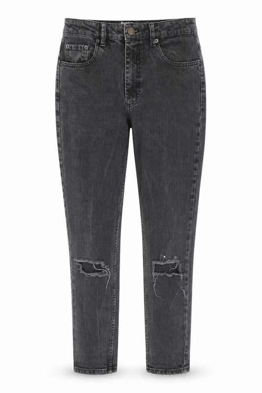 Front view of ASOS women’s grey cotton tapered jeans, size UK 10, 27-inch leg regular zip
