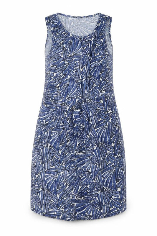 Front view of ICHI women’s blue geometric viscose tank dress, size UK 8, round neck pullover