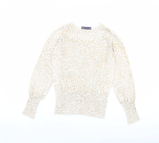 Marks and Spencer Womens Beige Boat Neck Animal Print Viscose Pullover Jumper Size XS - Leopard pattern