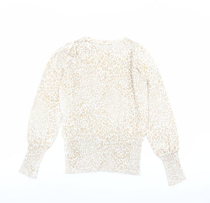 Marks and Spencer Womens Beige Boat Neck Animal Print Viscose Pullover Jumper Size XS - Leopard pattern