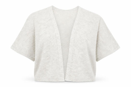 Front view of Izabel women’s beige v-neck acrylic shrug jumper, size UK 10