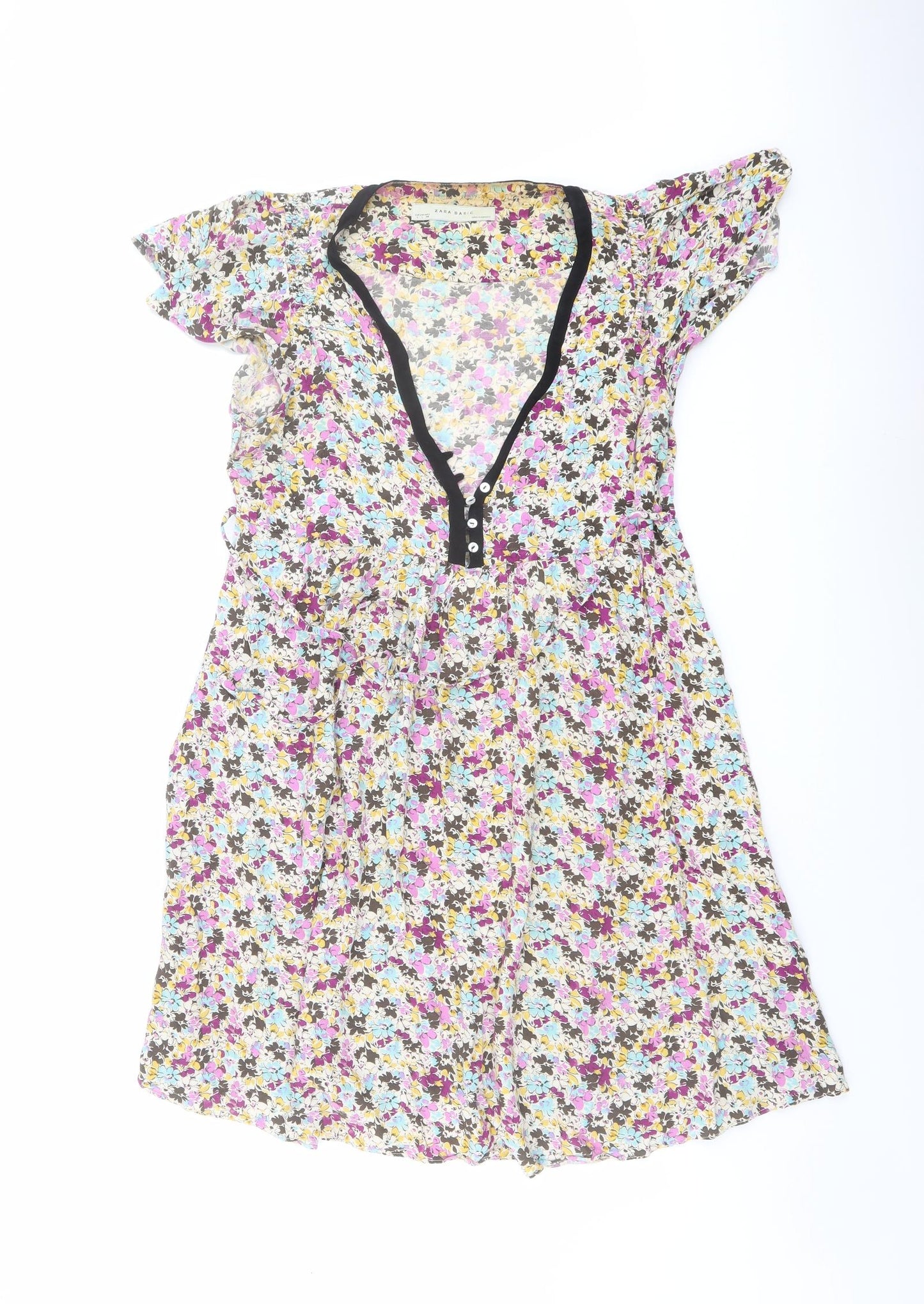 Zara Womens Multicoloured Floral Viscose Mini Size L V-Neck Button