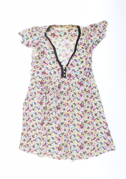 Zara Womens Multicoloured Floral Viscose Mini Size L V-Neck Button