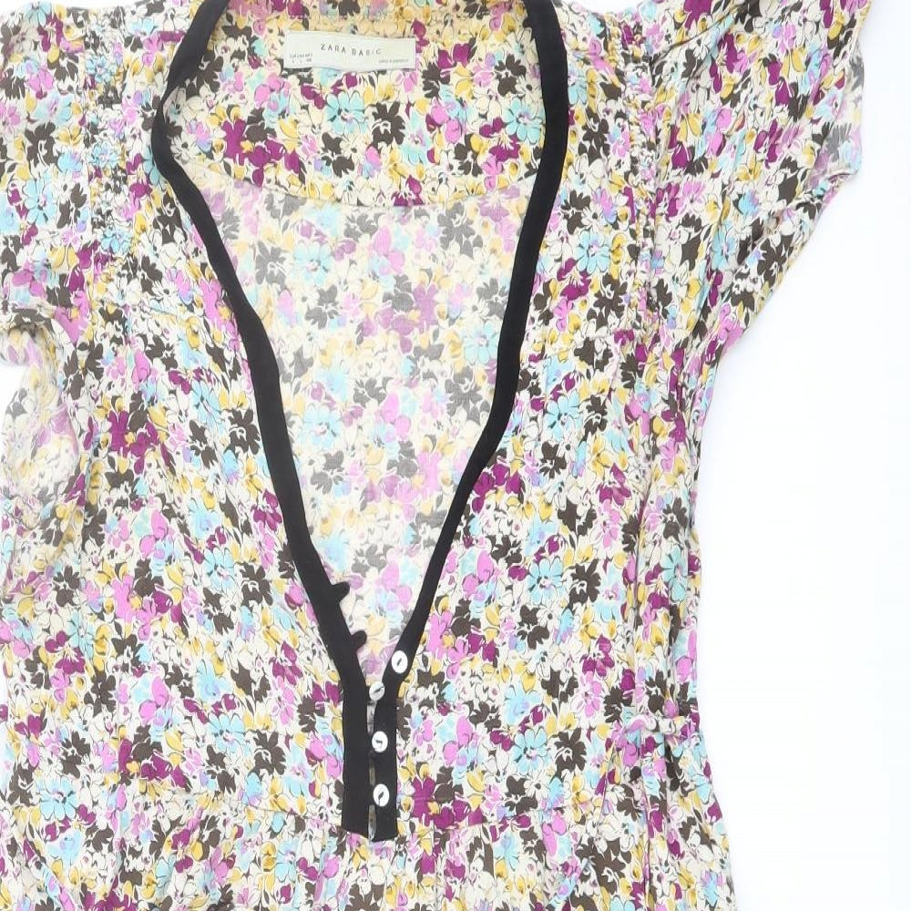 Zara Womens Multicoloured Floral Viscose Mini Size L V-Neck Button