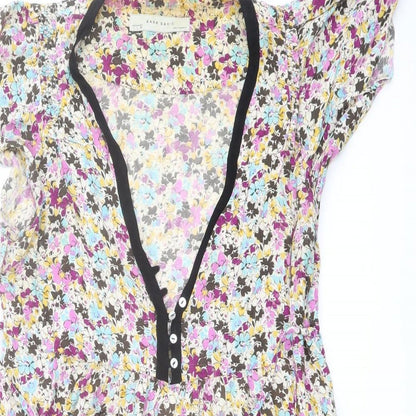 Zara Womens Multicoloured Floral Viscose Mini Size L V-Neck Button