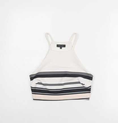 New Look Womens White Striped Polyester Cropped Tank Size 10 Square Neck
