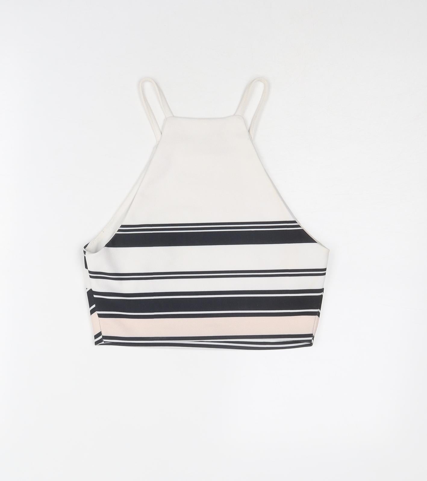 New Look Womens White Striped Polyester Cropped Tank Size 10 Square Neck