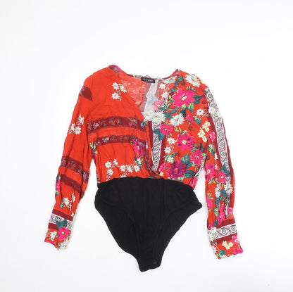 Jeruvre Womens Red Floral Viscose Bodysuit One-Piece Size 14 Snap