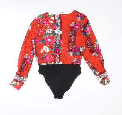 Jeruvre Womens Red Floral Viscose Bodysuit One-Piece Size 14 Snap
