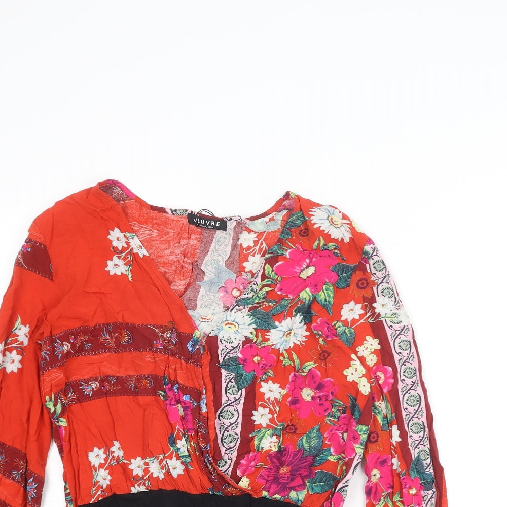 Jeruvre Womens Red Floral Viscose Bodysuit One-Piece Size 14 Snap
