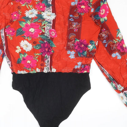 Jeruvre Womens Red Floral Viscose Bodysuit One-Piece Size 14 Snap