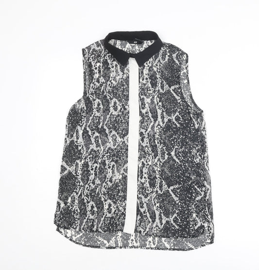 H&M Womens Grey Animal Print Polyester Basic Button-Up Size 8 Collared - Snakeskin
