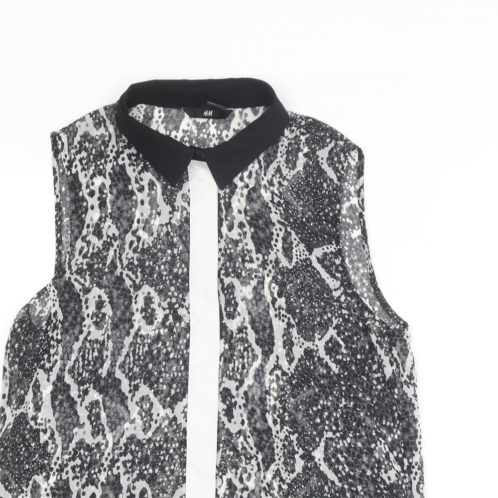H&M Womens Grey Animal Print Polyester Basic Button-Up Size 8 Collared - Snakeskin