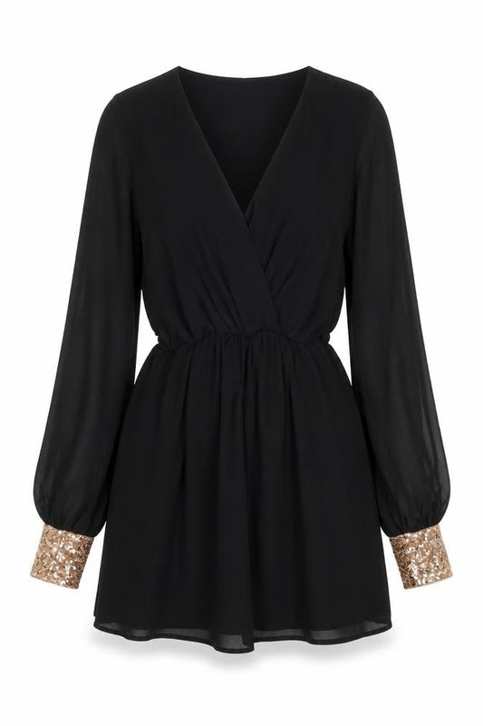Front view of ASOS women’s black polyester mini, size UK 8, v-neck pullover