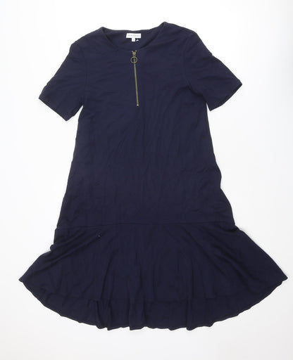 Warehouse Womens Blue Viscose Trapeze & Swing Size 10 Crew Neck Zip