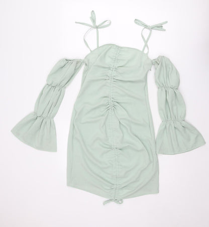 Boohoo Womens Green Polyester Mini Size 12 Off the Shoulder Zip