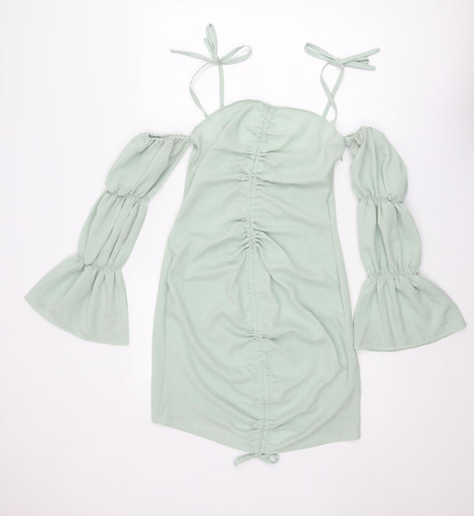 Boohoo Womens Green Polyester Mini Size 12 Off the Shoulder Zip