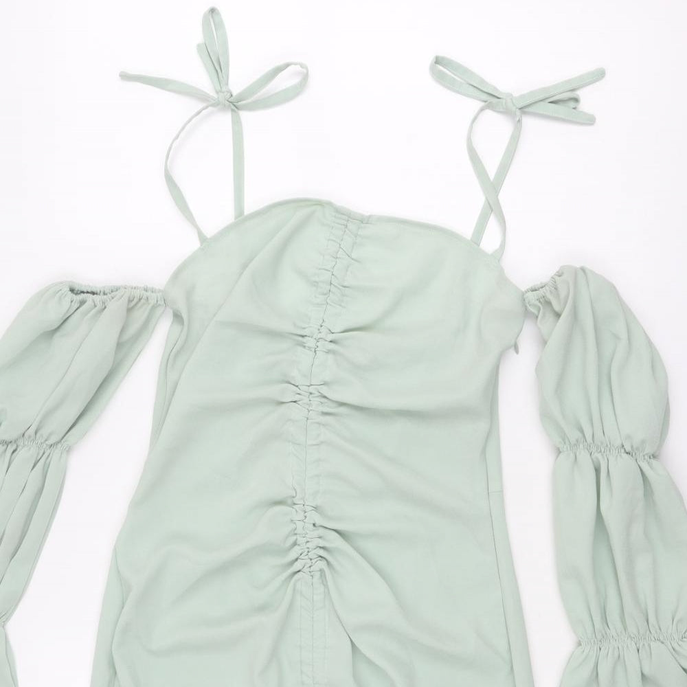 Boohoo Womens Green Polyester Mini Size 12 Off the Shoulder Zip