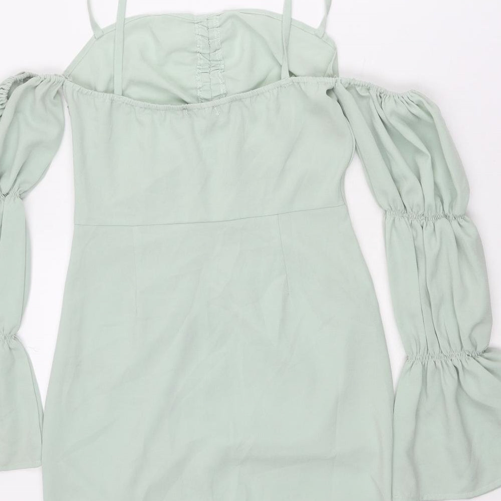 Boohoo Womens Green Polyester Mini Size 12 Off the Shoulder Zip