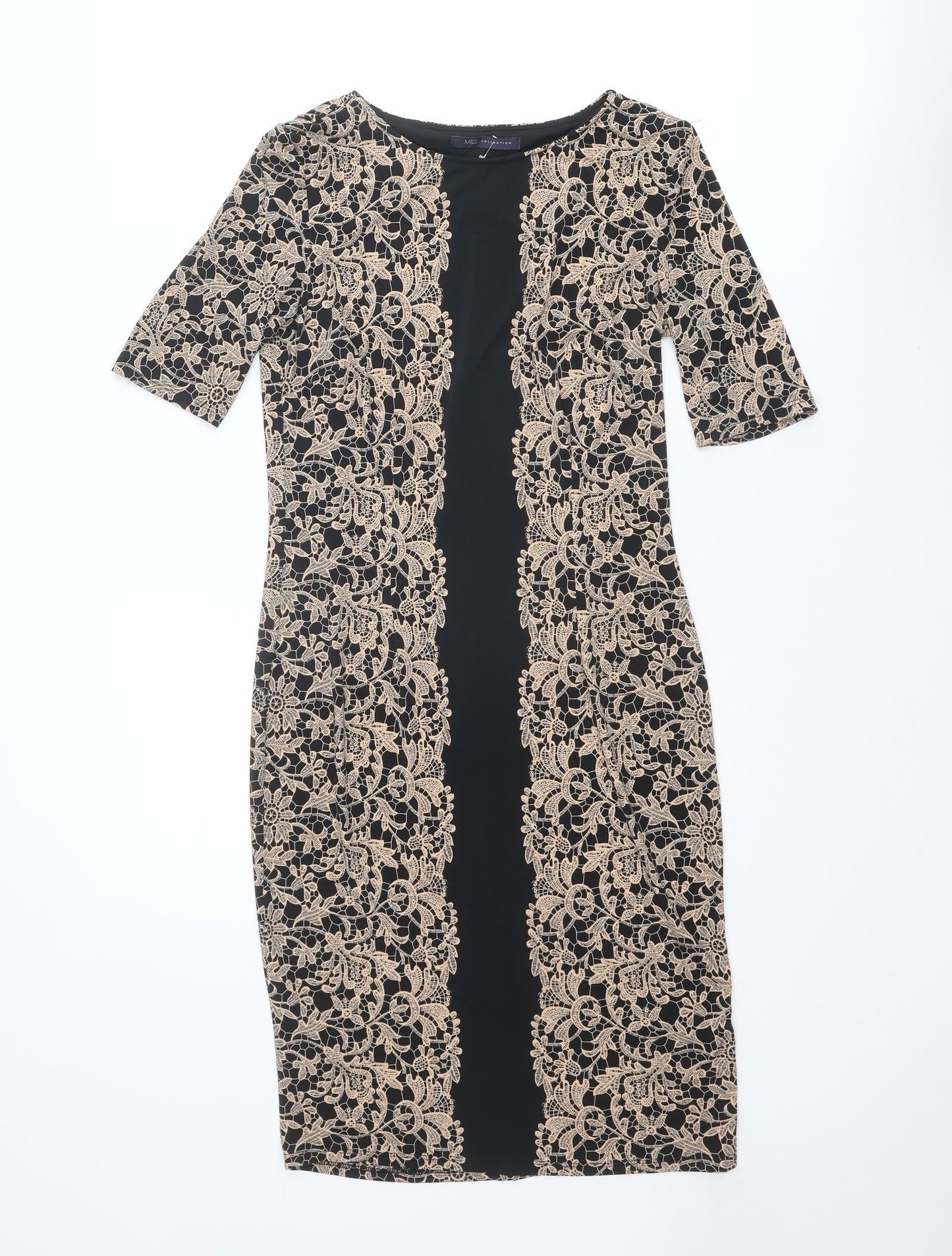 Marks and Spencer Womens Beige Polyester Sheath Size 8 Boat Neck Pullover - Crocheted Lace Overlay