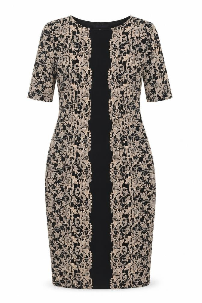 Marks and Spencer Womens Beige Polyester Sheath Size 8 Boat Neck Pullover - Crocheted Lace Overlay