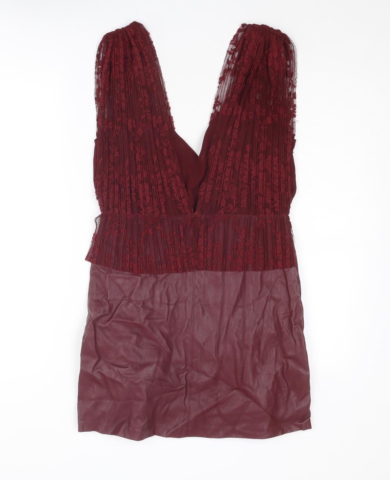 Zara Womens Red Polyester Mini Size M V-Neck Zip