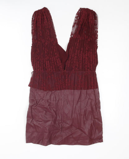 Zara Womens Red Polyester Mini Size M V-Neck Zip