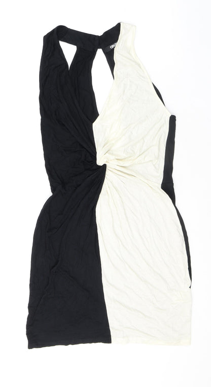 ASOS Womens Black Colourblock Viscose Bodycon Size 10 V-Neck Button