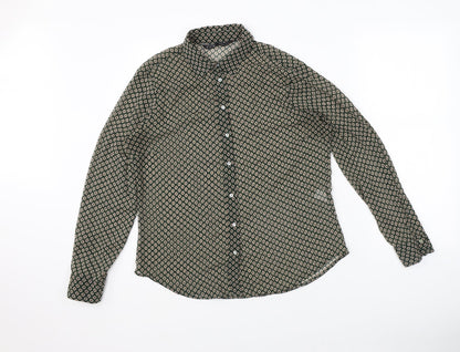 Zara Womens Green Geometric Polyester Basic Button-Up Size L Collared