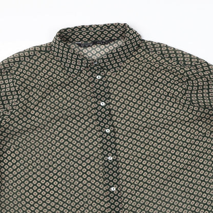 Zara Womens Green Geometric Polyester Basic Button-Up Size L Collared