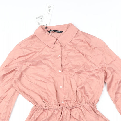 Zara Womens Pink Viscose Shirt Dress Size S Collared Button