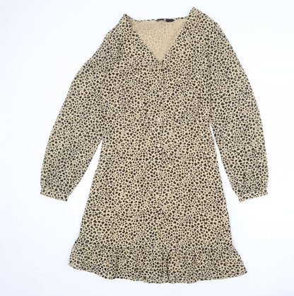 Very Womens Beige Animal Print Polyester A-Line Size 8 V-Neck Button - Leopard pattern