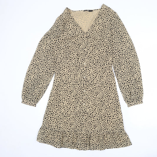 Very Womens Beige Animal Print Polyester A-Line Size 8 V-Neck Button - Leopard pattern