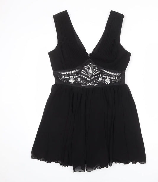 Lipsy Womens Black Polyester Skater Dress Size 14 V-Neck Zip - Embellished