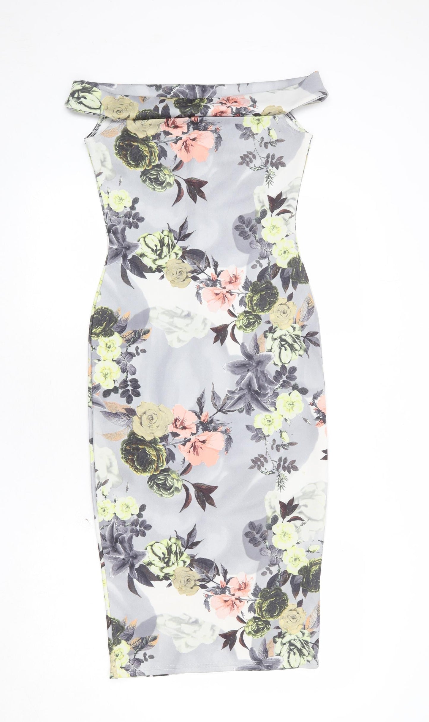 Boohoo Womens Grey Floral Polyester Pencil Dress Size 10 Off the Shoulder Pullover