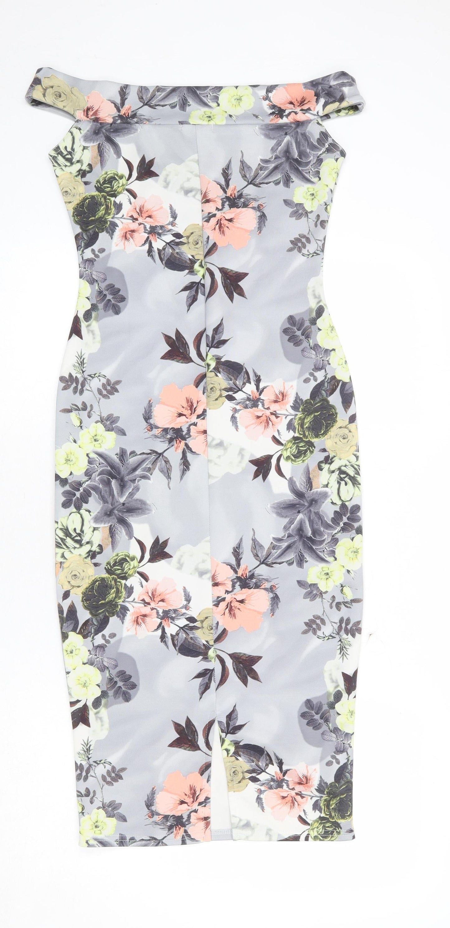 Boohoo Womens Grey Floral Polyester Pencil Dress Size 10 Off the Shoulder Pullover