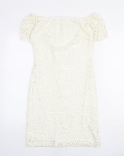 Zara Womens Ivory Polyester Shift Size L Off the Shoulder Zip